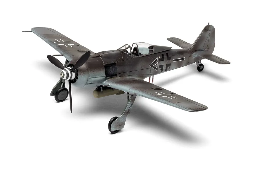 A fully assembled and painted 1/72 scale plastic model of a Focke-Wulf Fw190 fighter aircraft, shown from a high-angle front three-quarter view.