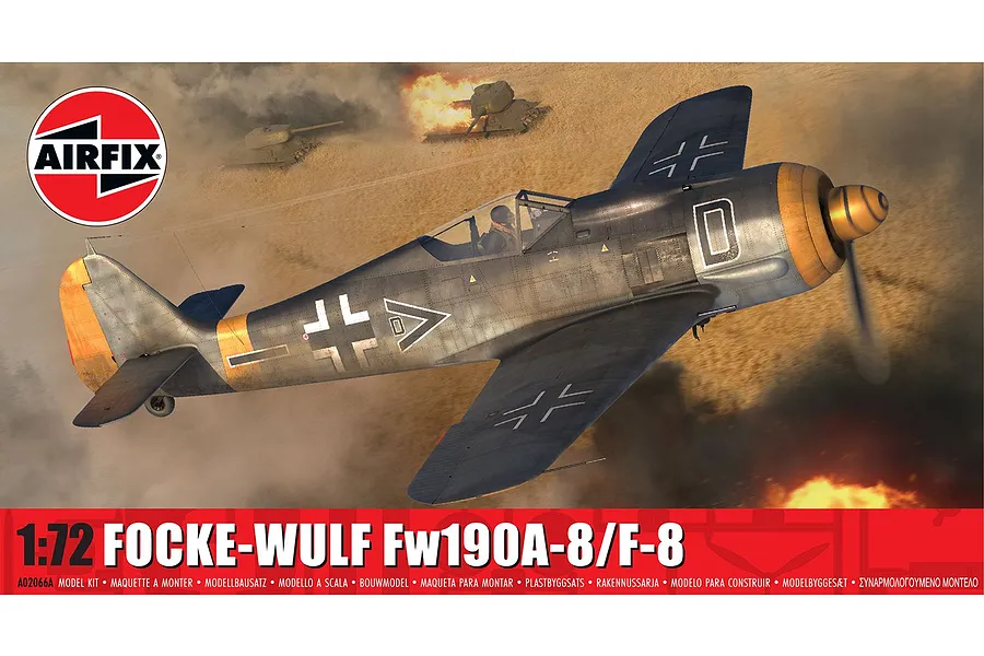 Airfix 1/72 scale Focke-Wulf Fw190A-8/F-8 model kit box art showing the aircraft in flight over a battlefield with tanks.