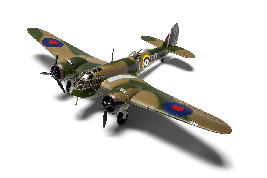A fully assembled and painted 1/72 scale plastic model of a Bristol Blenheim Mk.IF fighter aircraft with camouflage paint and RAF markings.