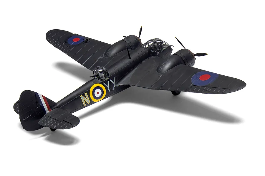A completed 1/72 scale plastic model of a black Bristol Blenheim Mk.IF fighter aircraft, viewed from the rear three-quarter angle on a white background.