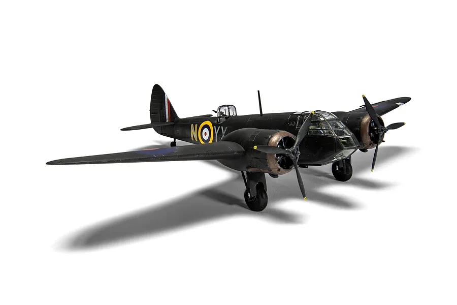 A fully assembled and painted 1/72 scale model of a Bristol Blenheim Mk.IF fighter aircraft in black livery, viewed from a front three-quarter angle.