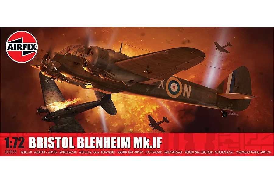 Airfix 1/72 scale Bristol Blenheim Mk.IF model kit box art featuring a dramatic aerial combat scene over a burning city.