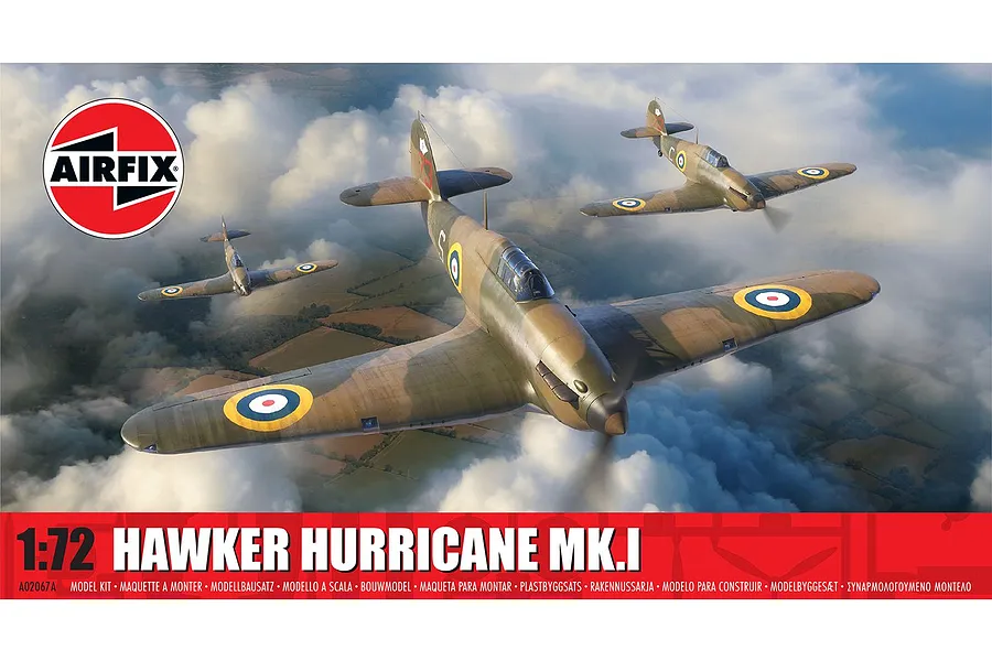Airfix 1/72 scale Hawker Hurricane Mk.I plastic model kit box art showing three fighter planes flying over clouds.