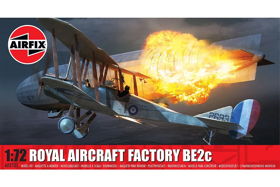 Airfix 1/72 scale Royal Aircraft Factory B.E.2c model kit box art showing the biplane attacking a burning airship.