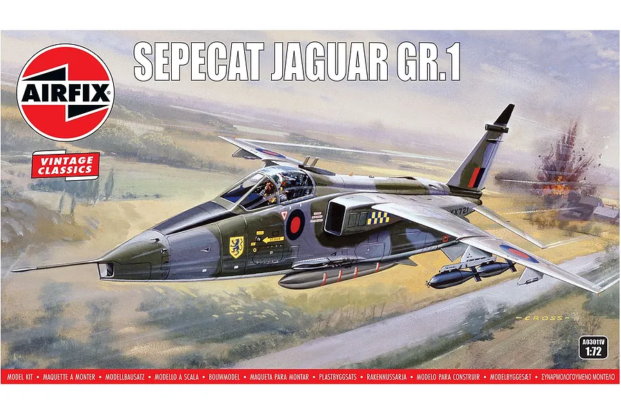 Airfix 1/72 scale SEPECAT Jaguar GR.1 plastic model kit box art featuring an illustration of the jet in flight over a rural landscape.