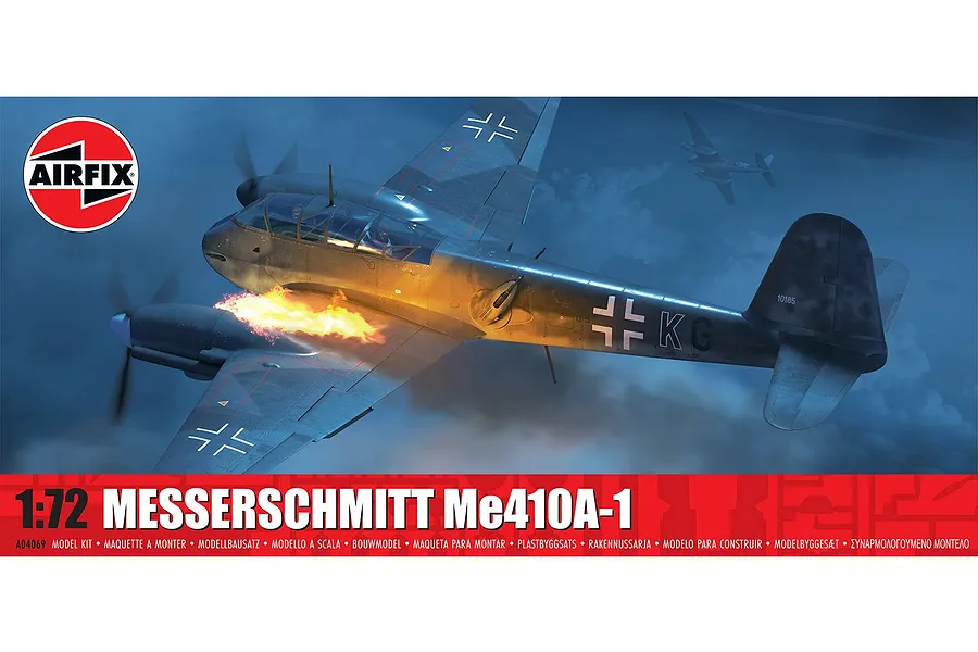 Airfix 1/72 scale Messerschmitt Me410A-1 model kit box art featuring a dramatic illustration of the aircraft in flight.