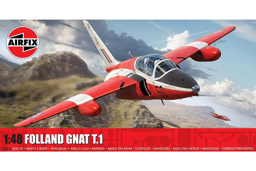 Airfix 1/48 scale Folland Gnat T.1 model kit box art showing a red and white trainer jet flying over a mountainous landscape.