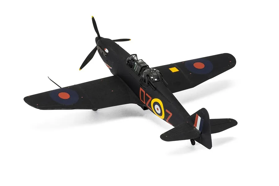 A completed 1/48 scale plastic model of a black Boulton Paul Defiant NF.1 night fighter with RAF markings, viewed from a high rear angle.
