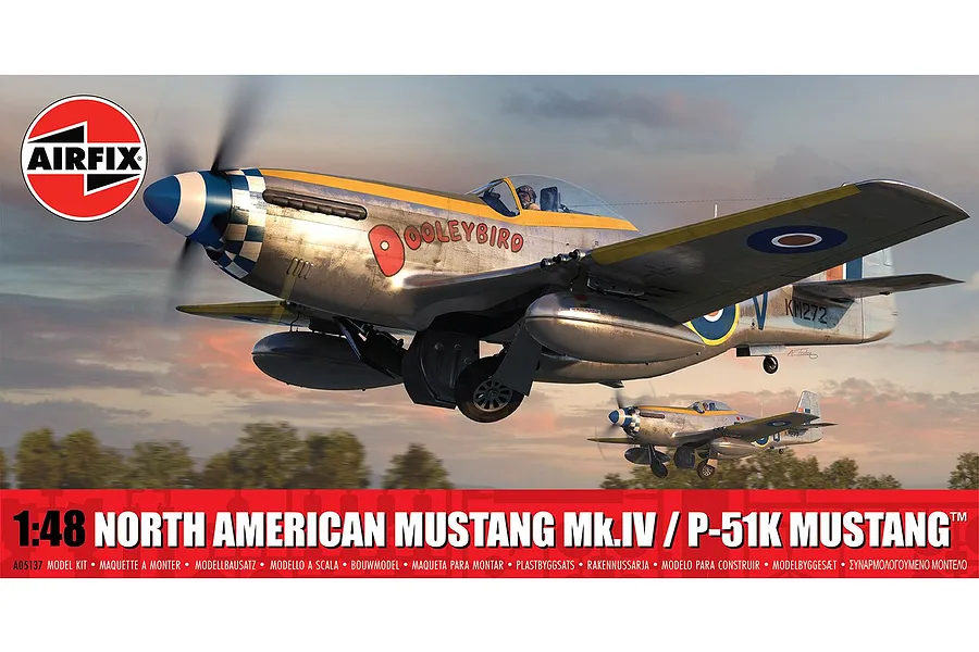 Airfix 1/48 scale North American Mustang Mk.IV / P-51K model kit box art showing two silver fighter planes in flight at sunset.