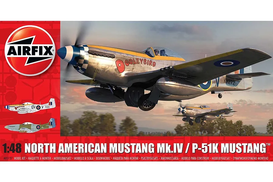 Airfix 1/48 scale North American Mustang Mk.IV / P-51K model kit box art showing a silver Mustang fighter plane in flight.