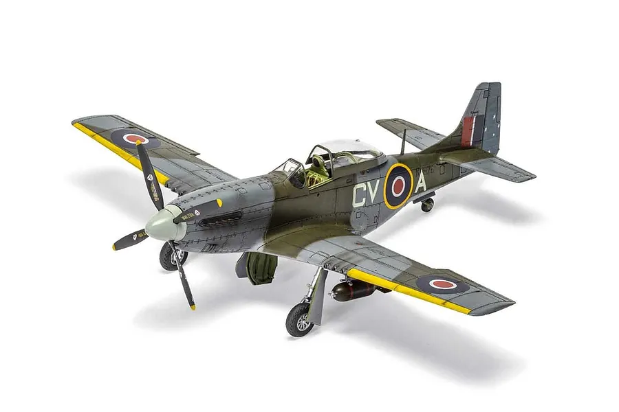 A completed 1/48 scale plastic model kit of a North American Mustang Mk.IV fighter plane, painted in RAAF camouflage with CV-A markings.