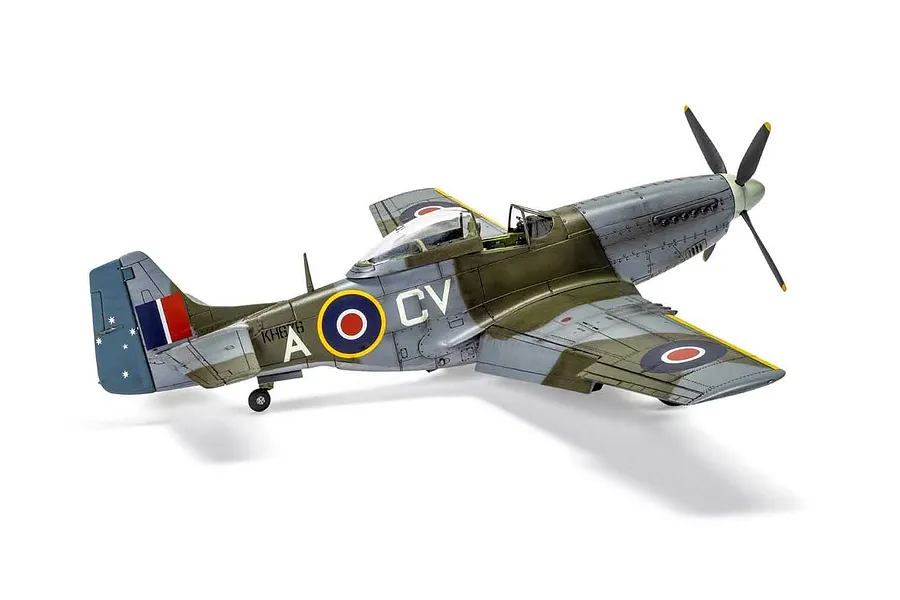 A fully assembled and painted 1/48 scale model of a North American Mustang Mk.IV fighter aircraft, featuring RAAF markings on a white background.