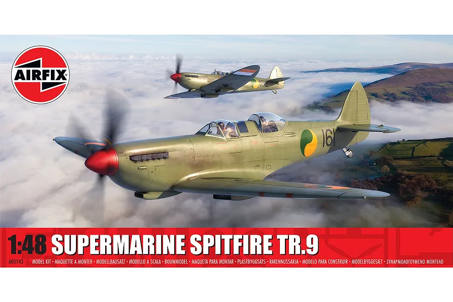 Box art for Airfix 1/48 Supermarine Spitfire Tr.9 model kit showing two Spitfire aircraft flying over clouds.