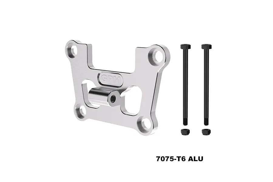 A silver GPM aluminium front bulkhead mount for RC cars, shown with two long black screws and two nuts on a white background.