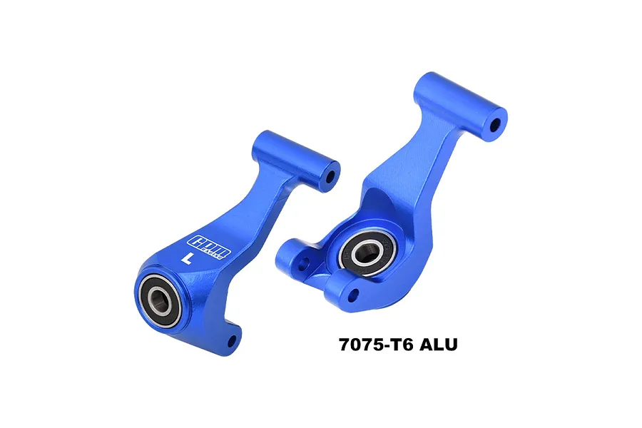 A pair of blue anodized aluminium rear hubs for RC cars by GPM Racing, featuring pre-installed ball bearings and laser-etched markings.