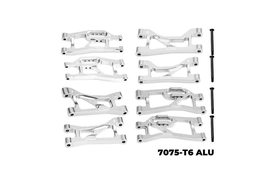 A set of silver GPM Racing aluminium suspension arms for RC cars, including front and rear upper and lower arms and mounting hardware.