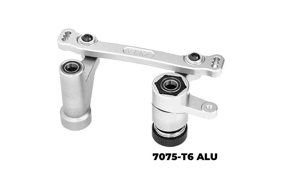 A silver GPM aluminium steering bellcrank set for RC cars, featuring machined metal components, bearings, and a black adjustment nut on a white background.