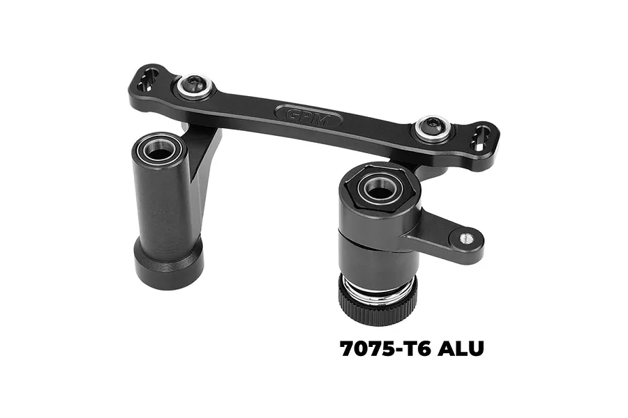 A black GPM Racing aluminium steering bellcrank set for RC cars, featuring a bridge link and two vertical steering arms with bearings.