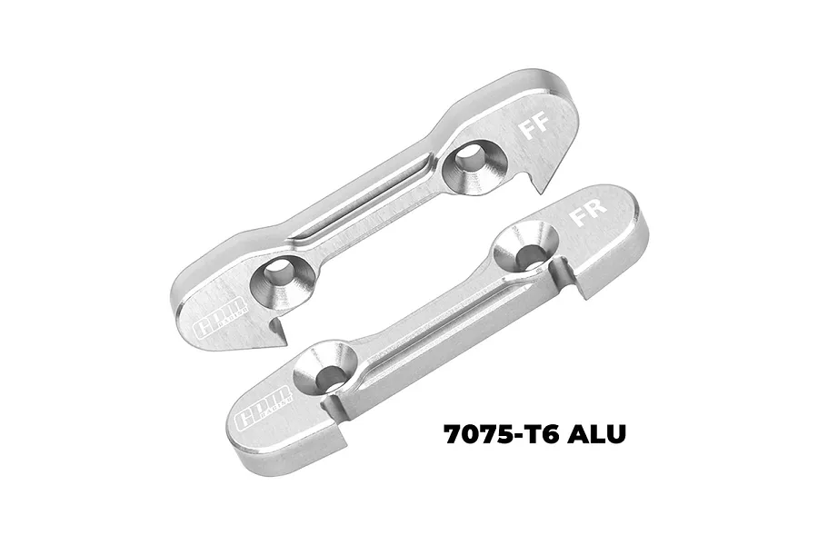 Two silver GPM Racing aluminium front lower suspension mounts for RC cars, labeled FF and FR, on a white background.