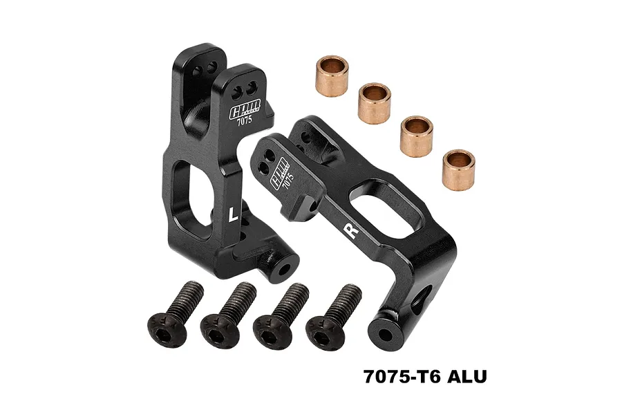 Two black GPM Racing aluminium C-hub carriers with mounting screws and bronze bushings on a white background.