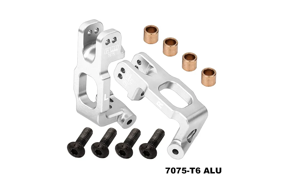 A pair of silver GPM Racing aluminium C-hub carriers with four bronze bushings and four black screws on a white background.