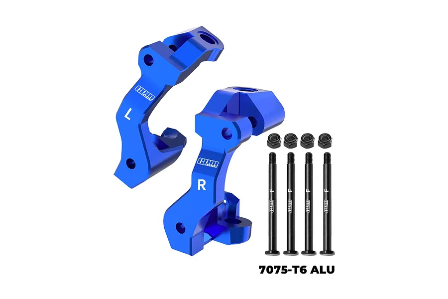 A pair of blue anodized aluminium C-hub carriers for RC cars, labeled L and R, with four black metal screws and four black nuts, set against a white background.
