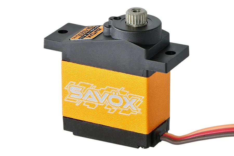 Savox SV-0255MG micro digital servo with an orange anodized metal center case and black plastic top and bottom caps.
