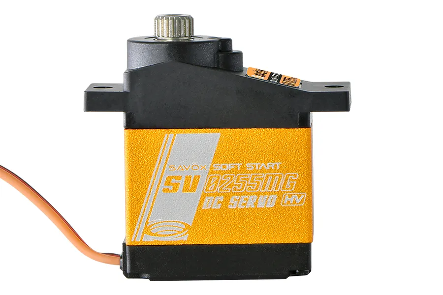 Savox SV-0255MG micro metal geared servo with a distinctive orange anodized aluminum center case and black plastic top and bottom sections.