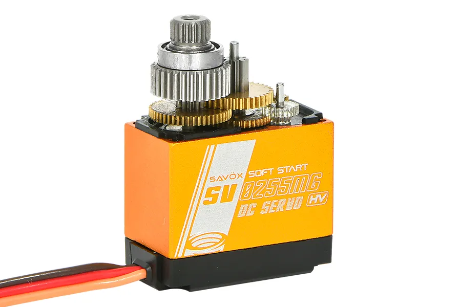 Savox SV-0255MG micro servo with metal gears exposed, featuring an orange aluminum case and three-wire connector.