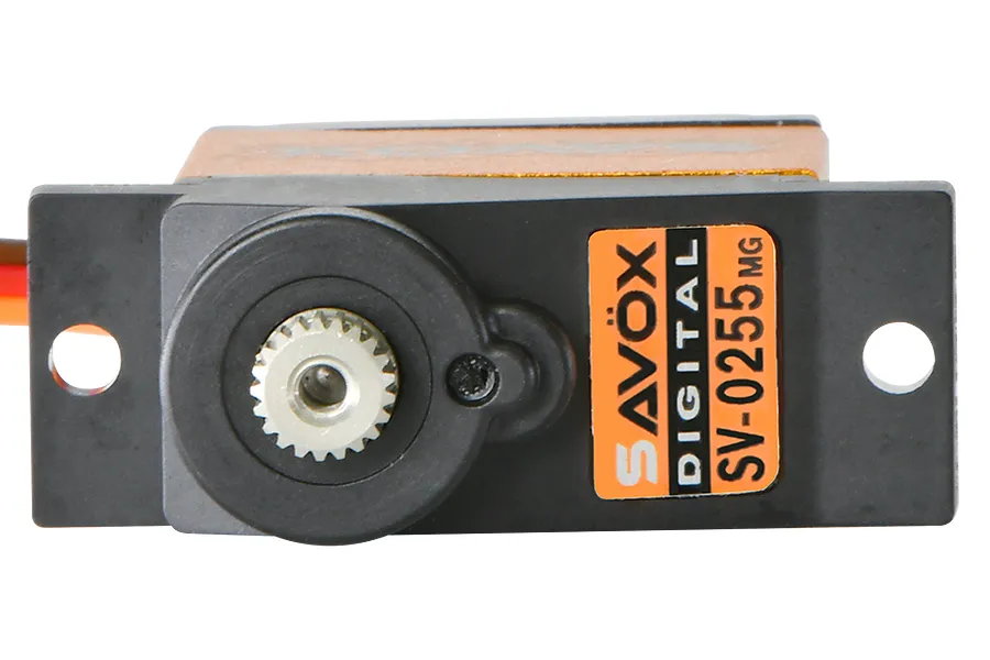 A Savox SV-0255MG micro digital servo with a black plastic casing and orange metal center section, shown from the top down.