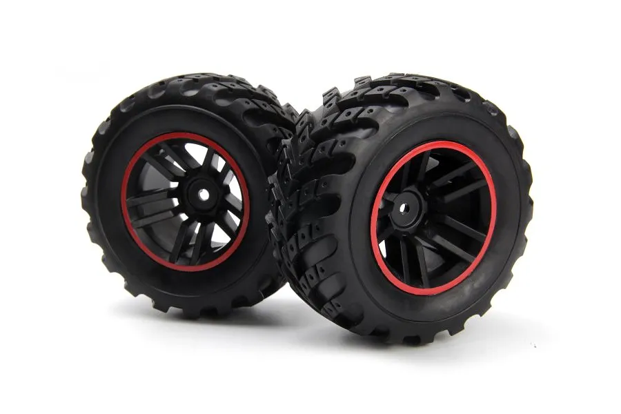 Two BlackZon Spryte RC monster truck wheels with black rubber tyres and black rims featuring red accent rings.