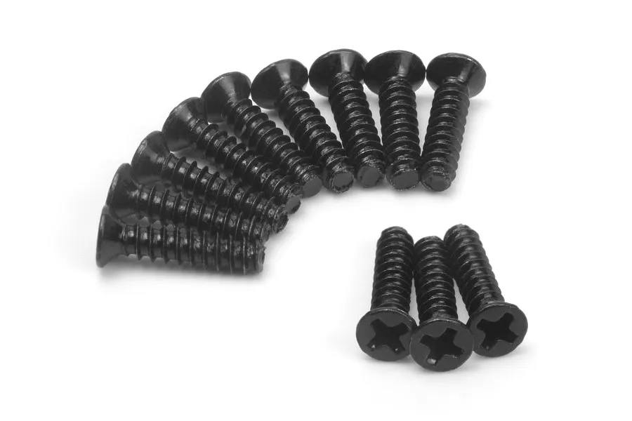 A collection of black countersunk head screws with coarse threads arranged on a white background.