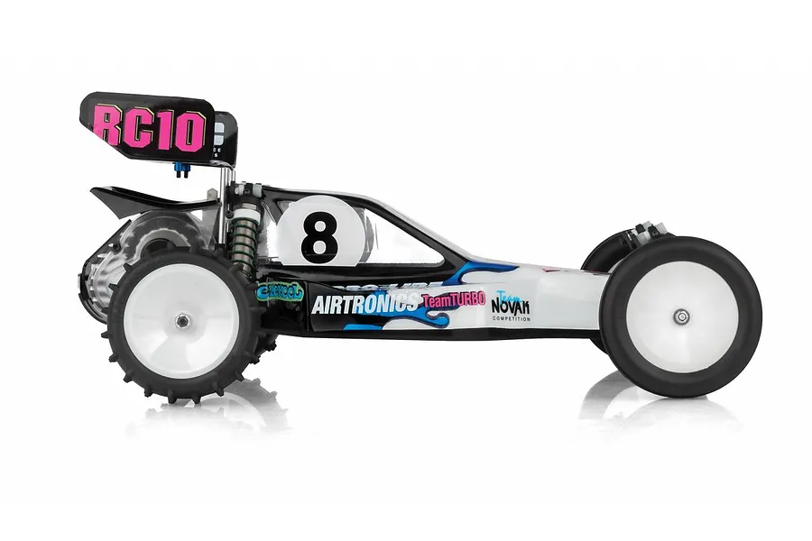 Side profile of a Team Associated RC10 Kinwald Edition RC buggy with white wheels, black tires, and a racing number 8 on the body.