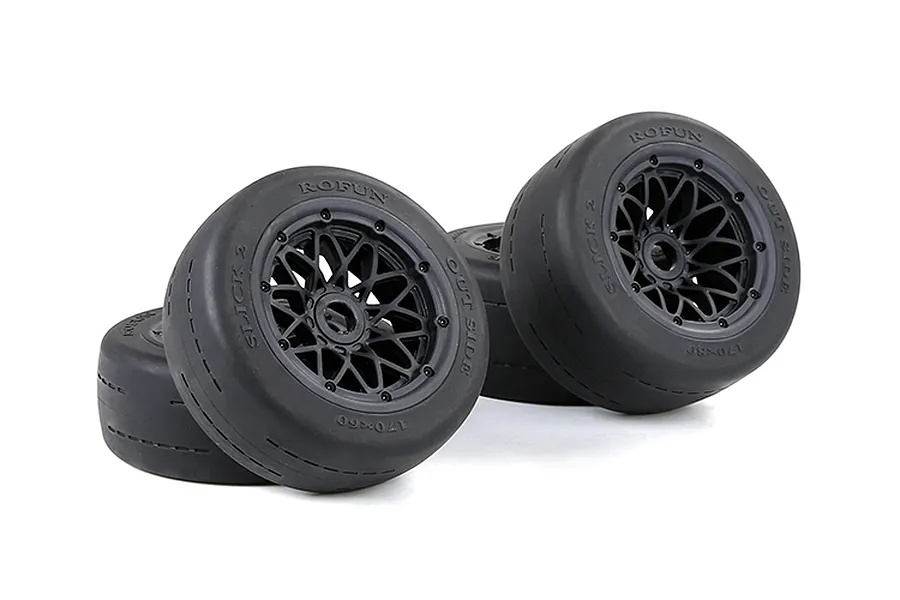 Rovan 4.7/5.5&amp;quot; Slick Gen2 Tyres on Black Rims - Beadlocked Wheel Set image 113522