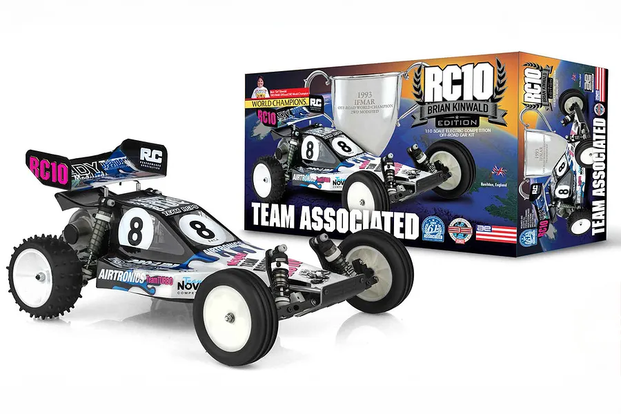 Team Associated RC10 Brian Kinwald Edition 1/10 scale RC buggy kit with its display box featuring a trophy graphic.