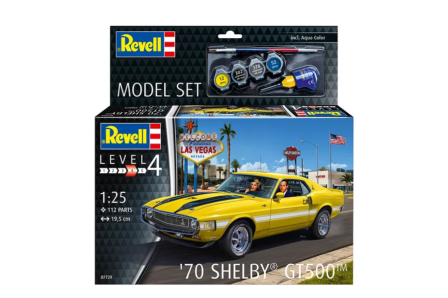 Revell 1/25 scale 1970 Shelby Mustang GT500 model car starter kit box featuring a yellow car in Las Vegas.