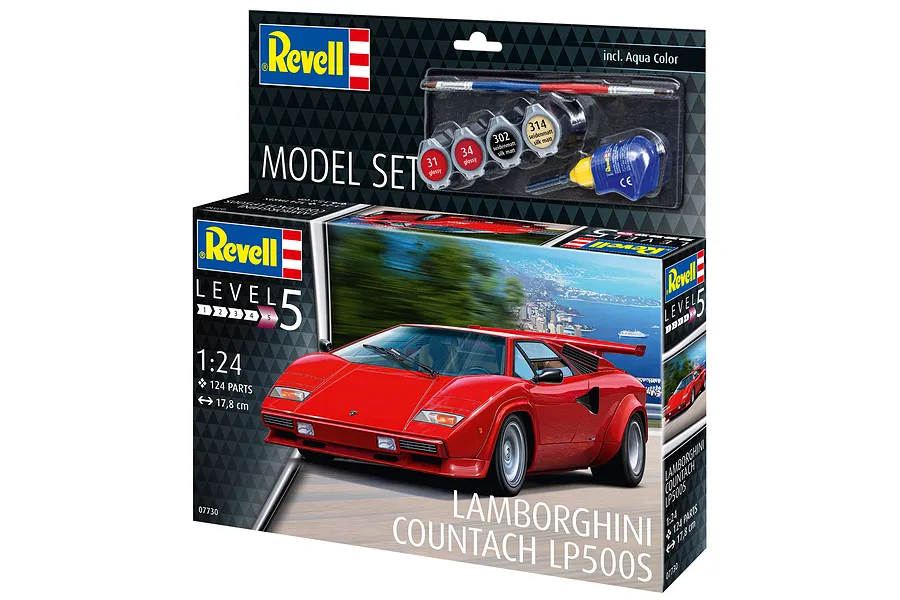 Revell 1/24 scale Lamborghini Countach LP500S model kit box featuring a red sports car, paint pots, glue, and a brush.