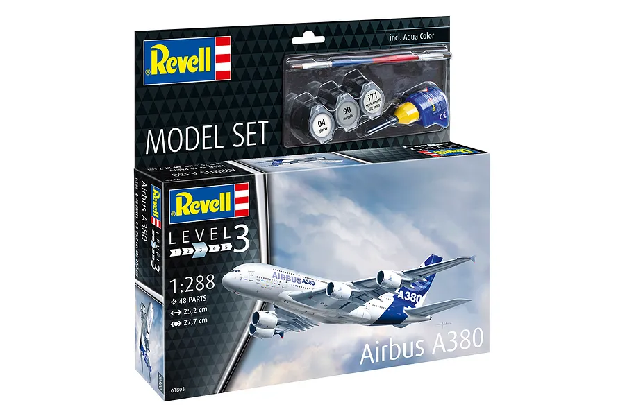 Revell 1/288 scale Airbus A380-800 plastic model kit box, including paints, glue, and a brush, set against a white background.