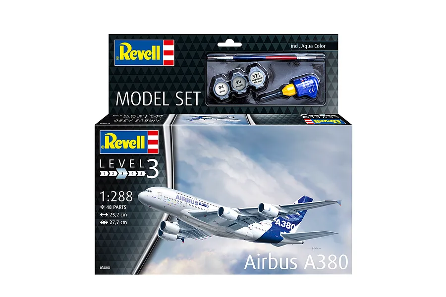 Revell 1/288 scale Airbus A380-800 model kit box featuring an illustration of the aircraft in flight, including paint, glue, and a brush.