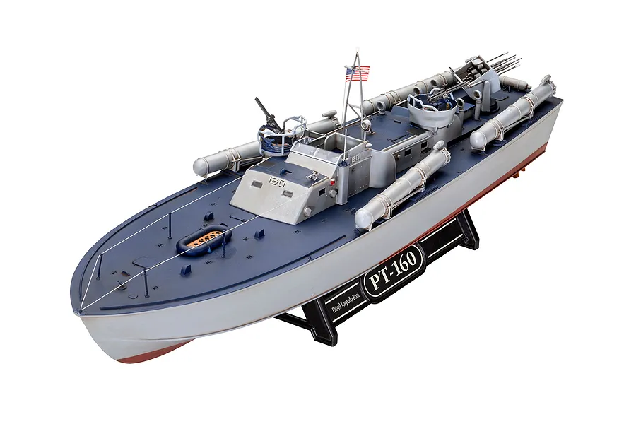 A fully assembled 1/72 scale plastic model of the PT-160 Patrol Torpedo Boat, mounted on a black display stand against a white background.