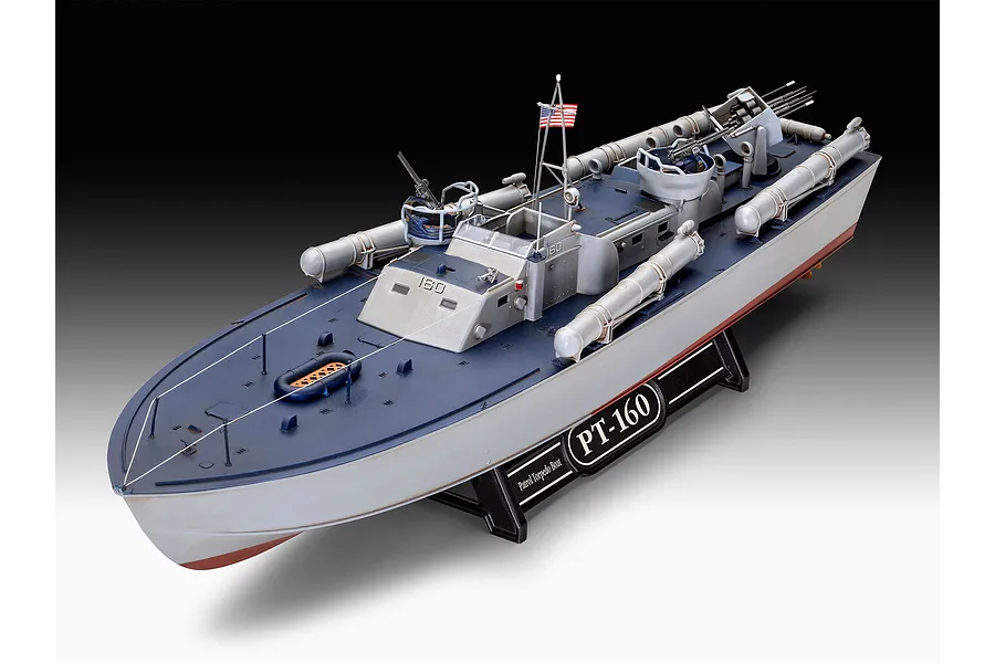 A high-angle studio shot of a completed Revell 1/72 scale PT-160 Patrol Torpedo Boat plastic model kit mounted on a black display stand.