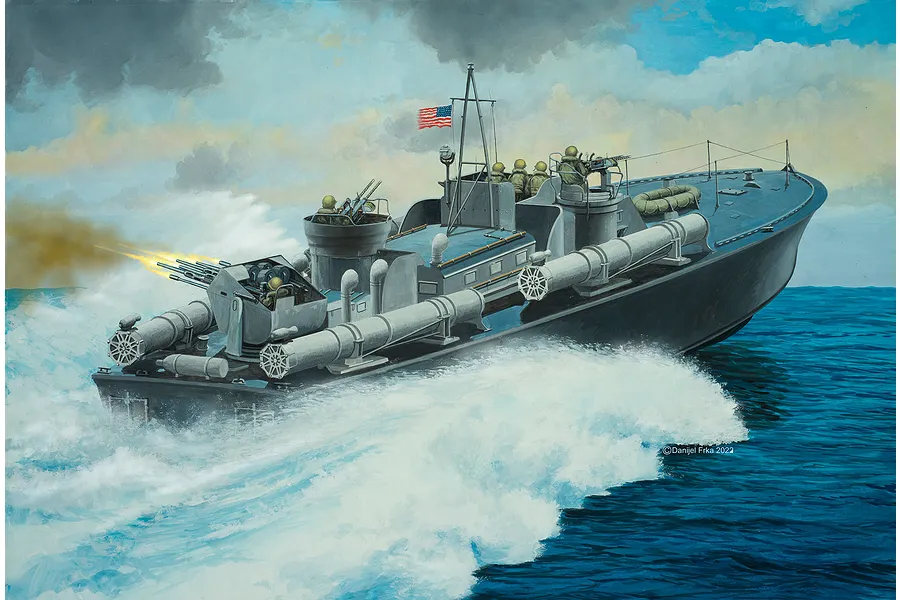 An artistic painting of a US Navy PT boat at sea, firing its rear deck guns while cutting through waves under a cloudy sky.