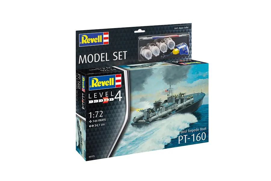 Revell 1/72 scale Patrol Torpedo Boat PT-160 plastic model kit box showing the finished boat on the water, including paints, glue, and a brush.