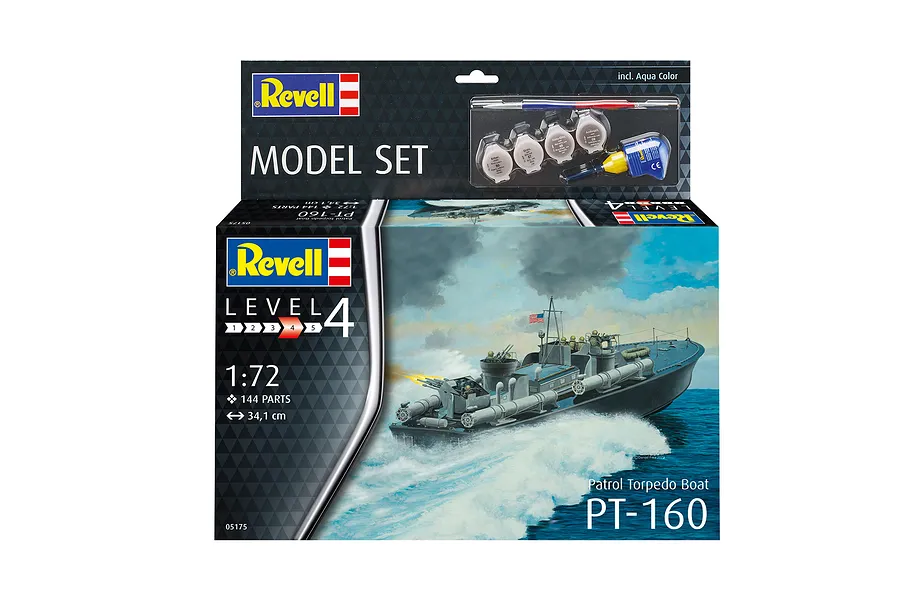 Revell 1/72 scale Patrol Torpedo Boat PT-160 model kit box featuring an illustration of the boat at sea, including paints, glue, and a brush.