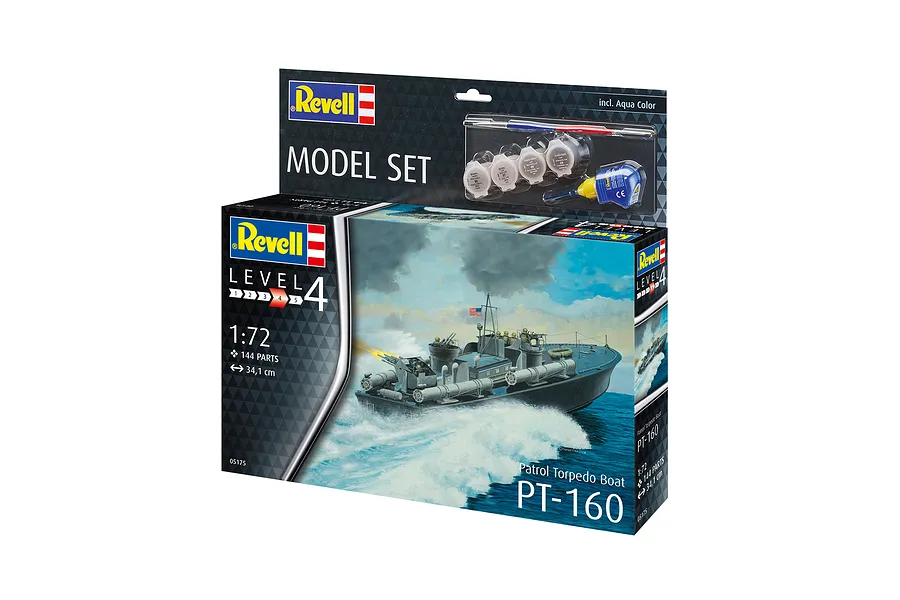 Revell 1/72 scale Patrol Torpedo Boat PT-160 plastic model kit box showing the finished boat on the water, including paints, brush, and glue.
