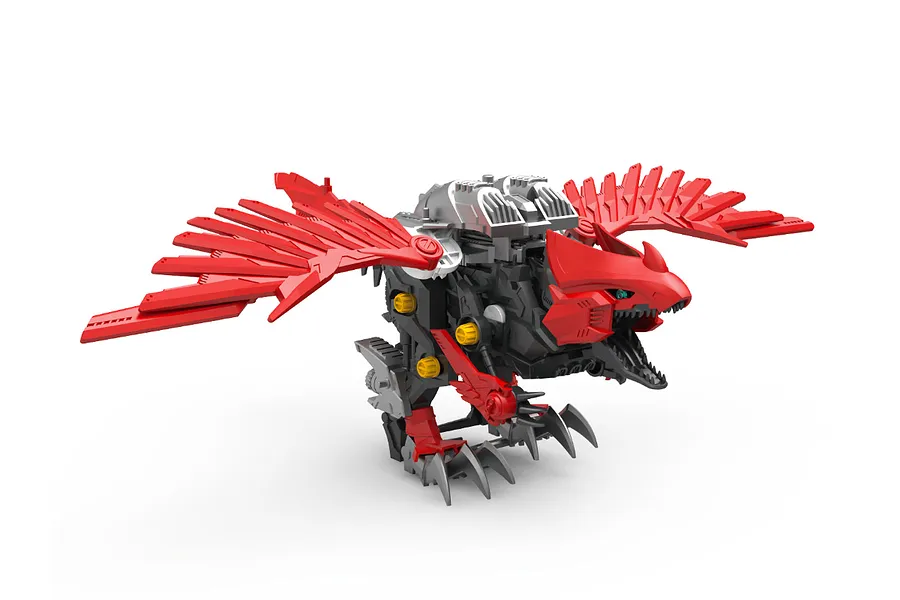 A studio shot of the assembled Revell CyberBeasts SkyBlade model, a red and black mechanical bird-like creature with large wings and sharp claws.
