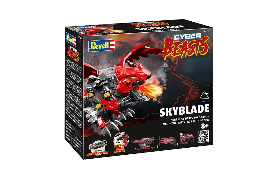 Revell CyberBeasts SkyBlade 1/35 scale plastic model kit box showing a red mechanical dragon figure with fire effects against a volcanic background.