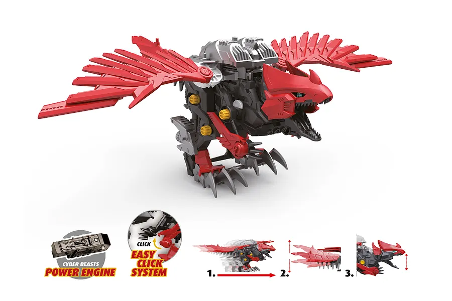 A Revell CyberBeasts SkyBlade model kit featuring a red and black mechanical bird-like creature with diagrams showing its motorized movement and assembly.