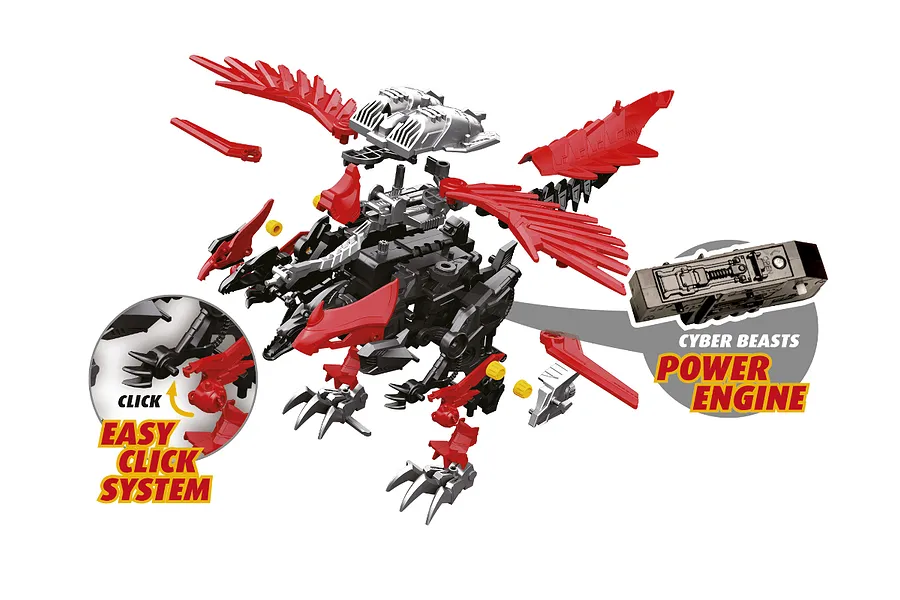 A Revell CyberBeasts SkyBlade model kit showing assembly parts, the power engine, and the easy click system.