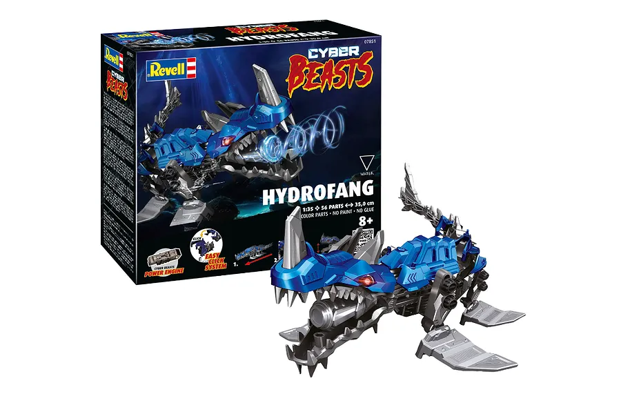 Revell CyberBeasts HydroFang 1/35 scale model kit box and the assembled blue and grey robotic creature toy on a white background.